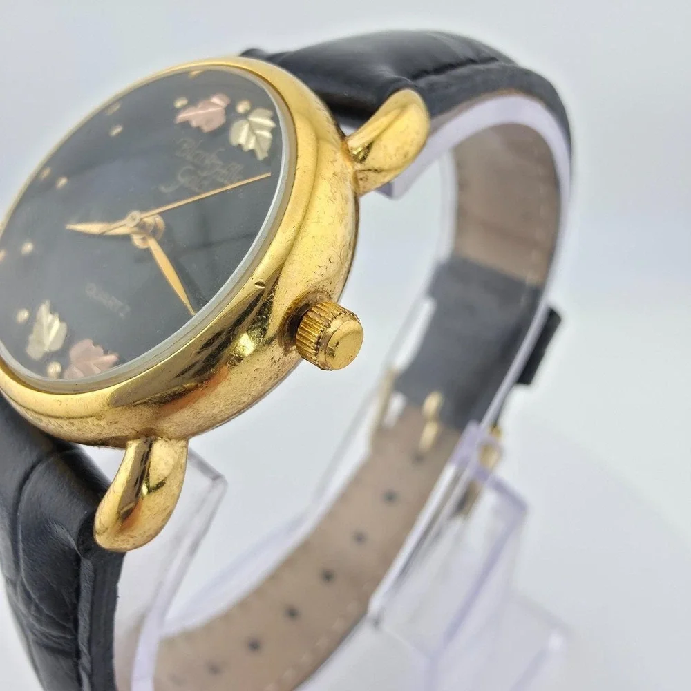 Vtg BLACK HILLS GOLD Ladies Watch 12K Rose & Yellow Gold Leaves Black Band 7.5
